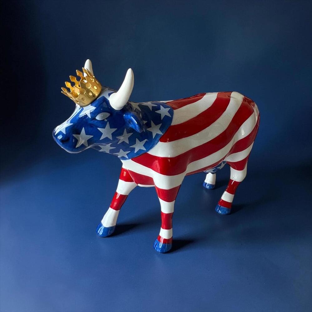 CowParade American Royal Figurine, Patriotic Ceramic Statue with Crown